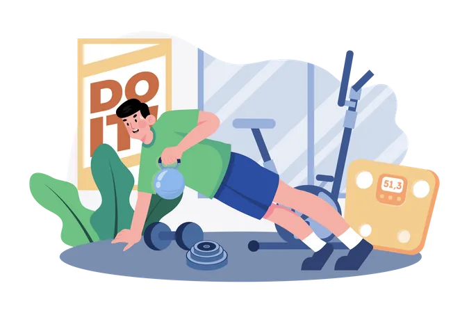 Man Is Doing Kettlebell Exercises At The Gym Illustration Concept On White Background Illustration