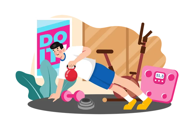 Man Is Doing Kettlebell Exercises At The Gym Illustration