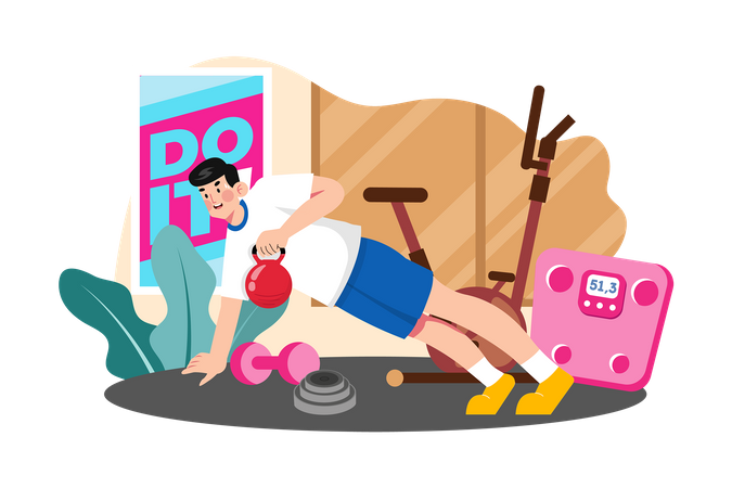 Man doing kettlebell exercises at the gym  Illustration