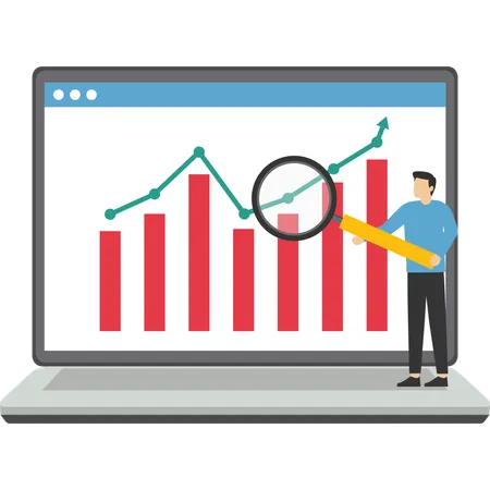 Market Research Data Analysis Analyze Business Data Or Financial Report Profit And Earning Concept Magnifying Glass Analyze Data On Computer Laptop Illustration