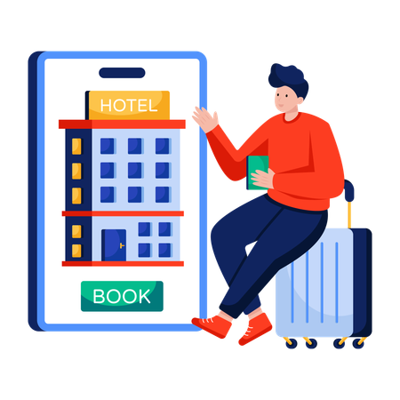 Man doing Mobile hotel booking  Illustration