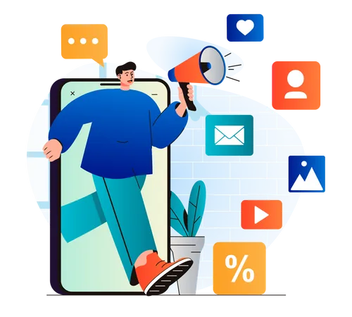 Digital Marketing Concept In Modern Flat Design Man With Megaphone Attracts New Customers From Social Networks And Mobile Applications Online Promotion And Advertising Campaign Vector Illustration Illustration