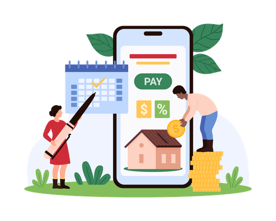 Man doing Monthly mortgage payment for family house in smartphone  Illustration