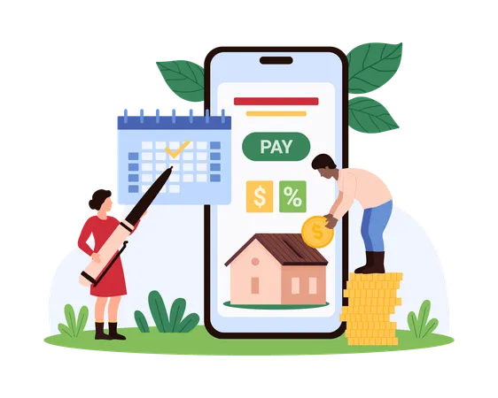Man doing Monthly mortgage payment for family house in smartphone  Illustration