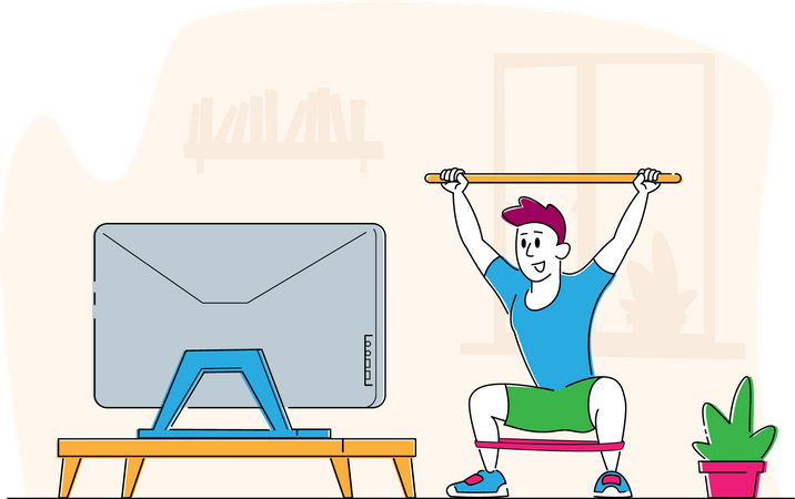 Man Doing Morning Exercises or Stretching Workout at Home Illustration