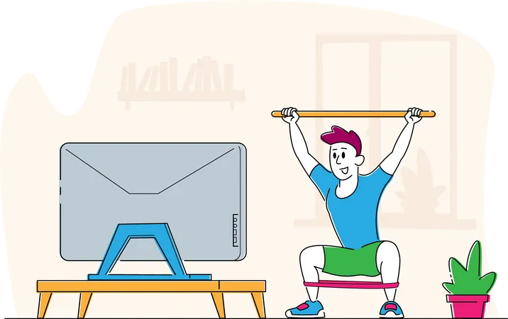 Man Doing Morning Exercises Or Stretching Workout At Home Male Character Conducting Healthy Lifestyle Lunges With Rubber Tape Or Squatting With Sports Bar Front Of Tv Set Linear Vector Illustration Illustration