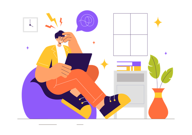 MAn doing multitasking while having migraine problem  Illustration