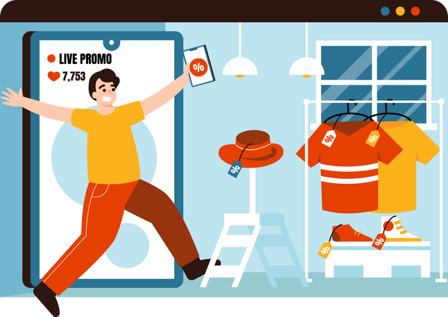 Man doing online clothing promotion  Illustration