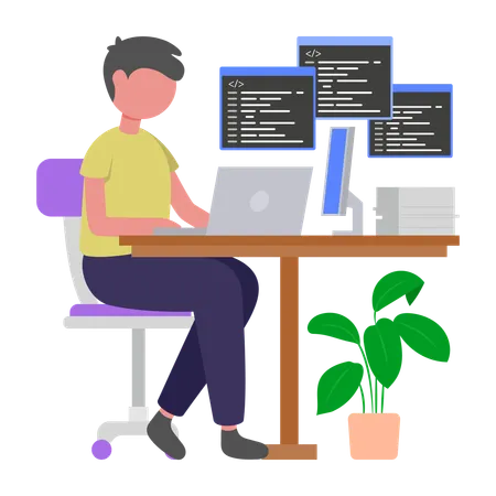 Man doing online Coding  Illustration