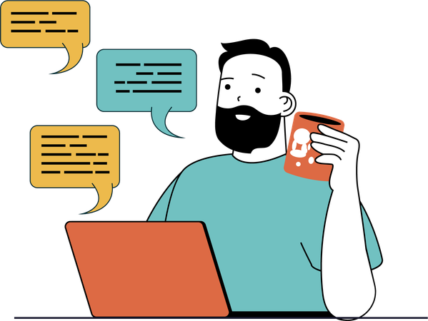 Man doing online communication using laptop  Illustration