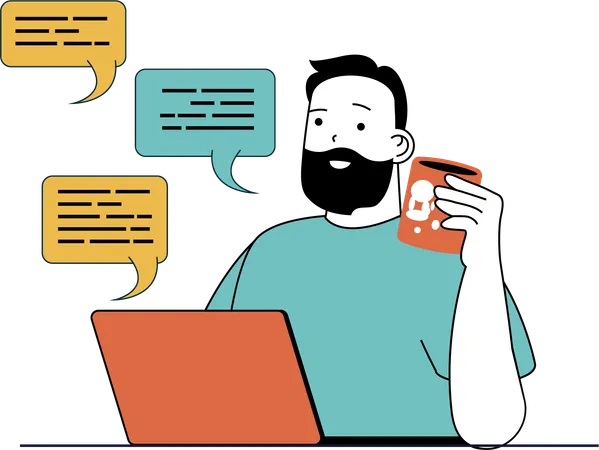 Man doing online communication using laptop  Illustration