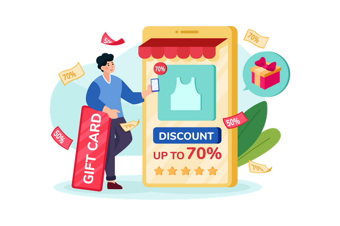 Man doing online discount shopping  Illustration