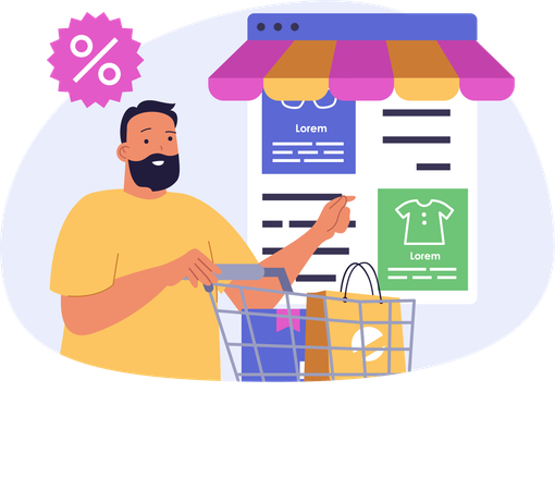 Man doing online discount shopping  Illustration