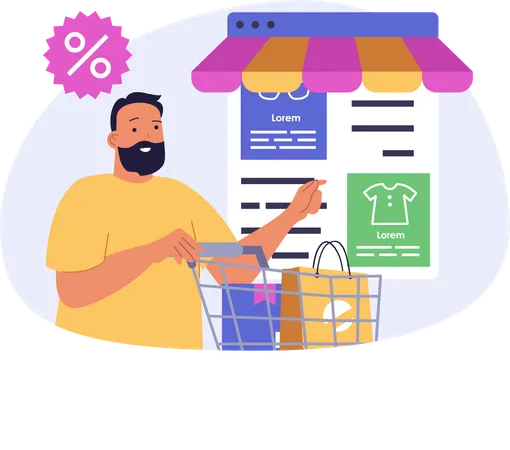 Man doing online discount shopping  Illustration