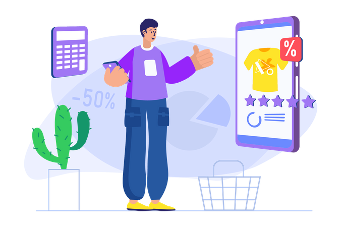 Man doing online discount shopping  Illustration