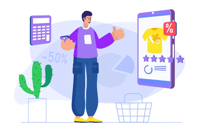 Man doing online discount shopping  Illustration