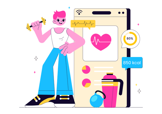 Man doing online exercise from Virtual Fitness App Promotion  Illustration