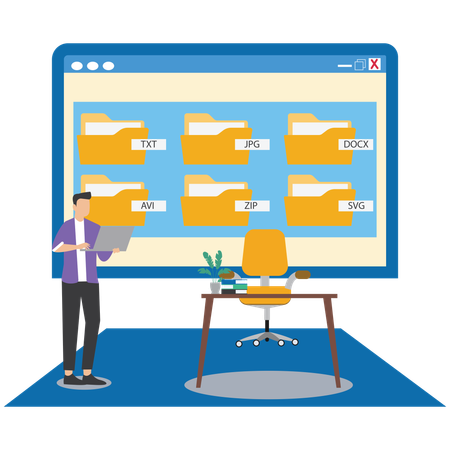 Man doing online file management  Illustration