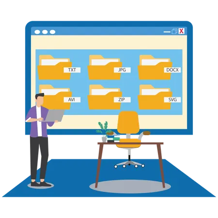 Man doing online file management  Illustration