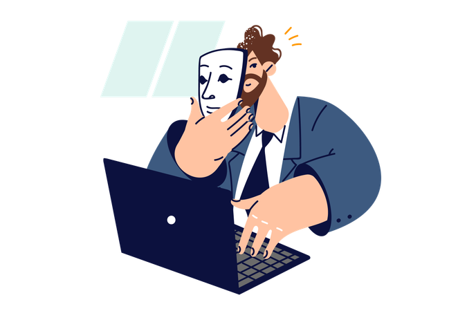 Man doing online fraud by wearing mask  Illustration