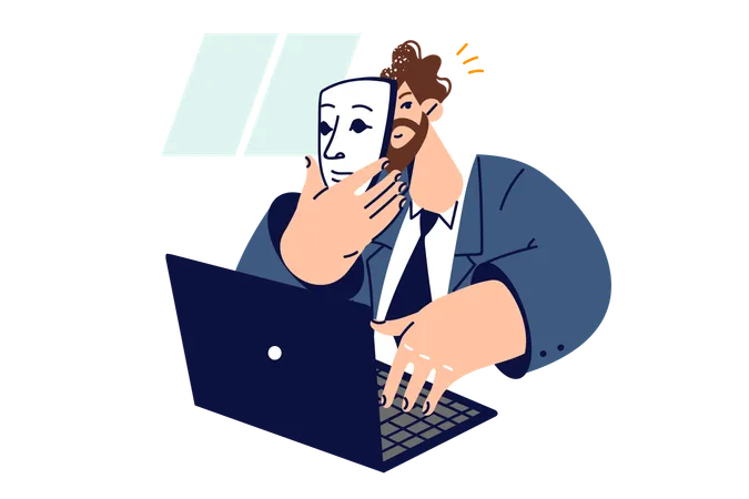 Man Puts On Mask Using Internet And Introduces Himself As Another Person Sitting At Table With Laptop Business Guy With Mask In Hand For Concept Of Office Hypocrisy And Identity Substitution Illustration