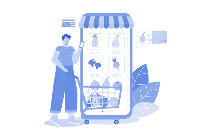Man doing online grocery shopping  Illustration