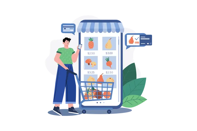 Man doing online grocery shopping Illustration
