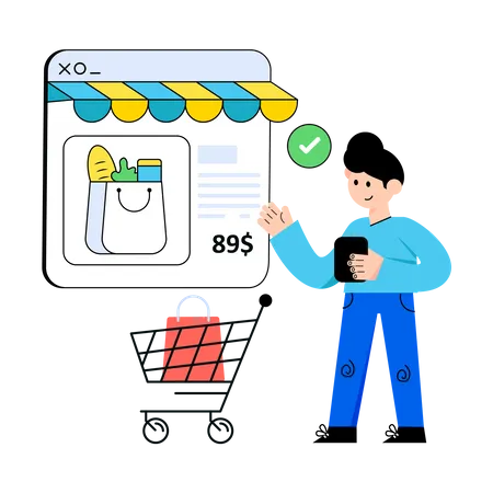 Man doing online grocery shopping  Illustration