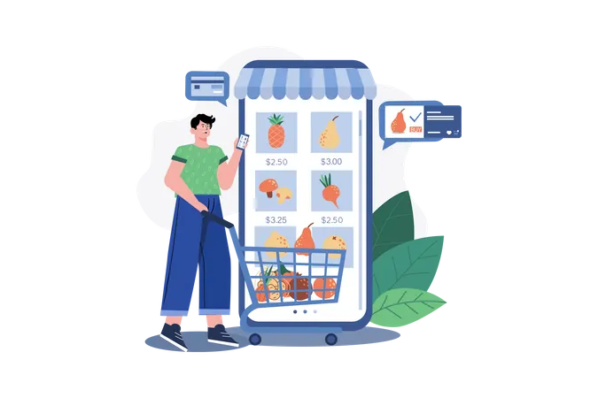 Man doing online grocery shopping  Illustration