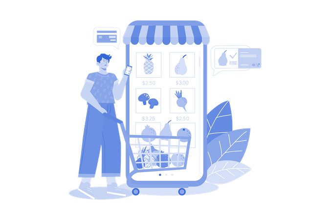 Man doing online grocery shopping  Illustration