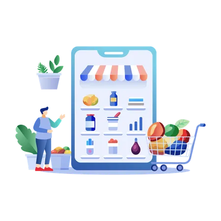 Man doing Online Grocery shopping  Illustration