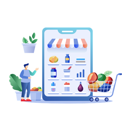 Man doing Online Grocery shopping  Illustration