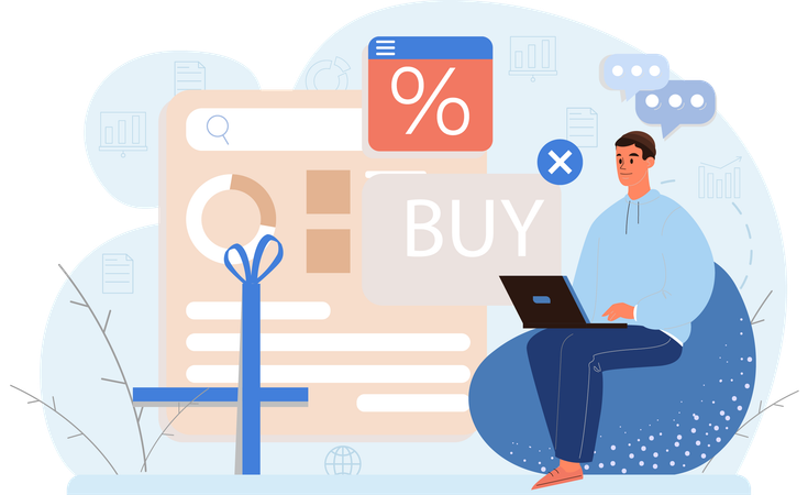 Man doing online purchase with discount  Illustration