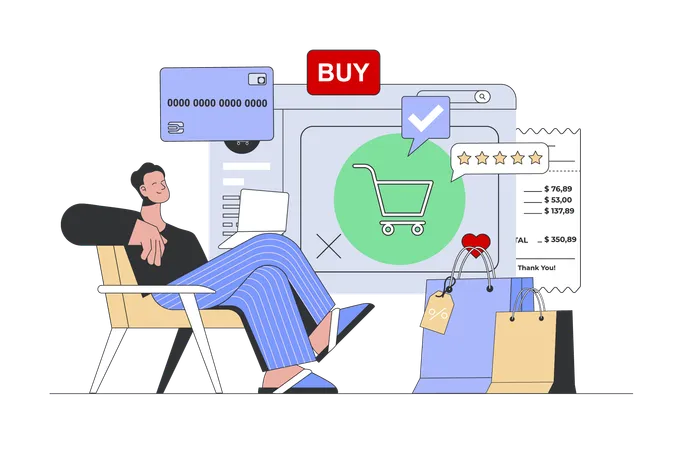 Shopping Concept In Modern Flat Design For Web Man Filling Purchase Basket Making Online Payment And Ordering Products With Delivery Vector Illustration For Social Media Banner Marketing Material Illustration