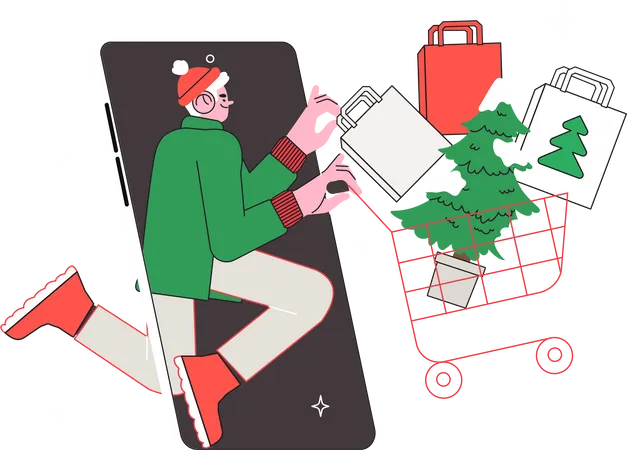 Man With Shopping Cart Buy Presents Christmas Tree Gifts Online In Store Or Shop In Mobile Application Concept Of Sale Discount For Web Banner Ads Or Socila Media And Emails Christmas Market Illustration