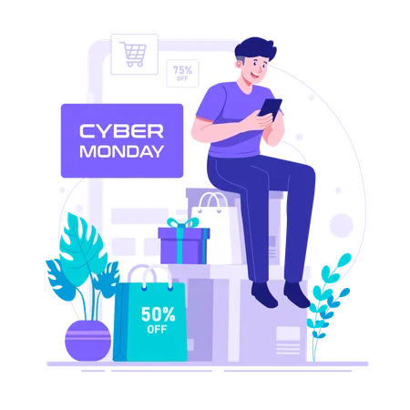 Man Doing Online Shopping On Cyber Monday Illustration