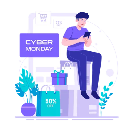 Man doing online shopping on cyber monday  Illustration