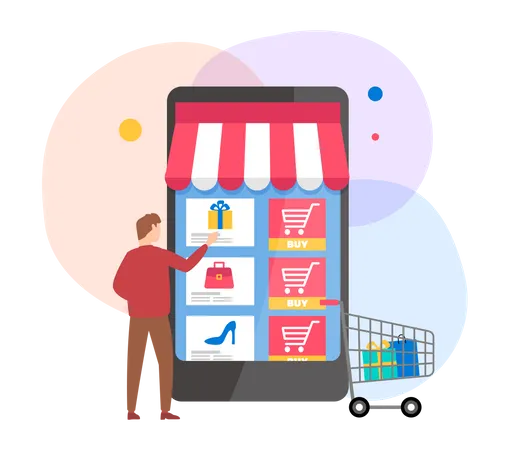 Man doing online shopping on mobile Illustration