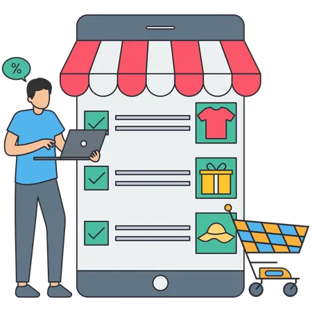 Man Doing Online Shopping on Mobile App  Illustration