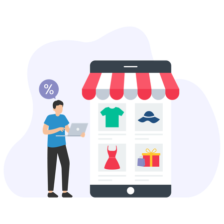 Man Doing Online Shopping  on Store  Illustration