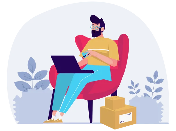 Concept Shopping With People Scene In The Flat Cartoon Design Man Chooses Goods On The Internet And Receives Them While Sitting In A Chair Vector Illustration Illustration