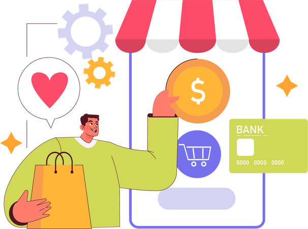 Man doing online shopping payment via card  Illustration