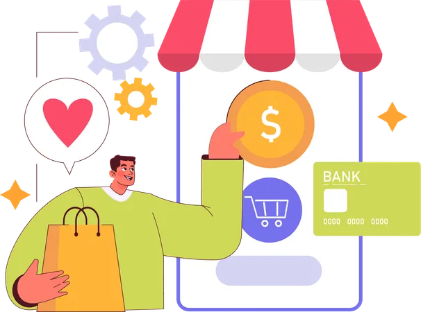 Man doing online shopping payment via card  Illustration