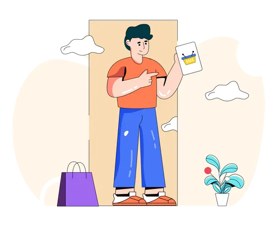 Man doing online shopping using e-commerce application  イラスト