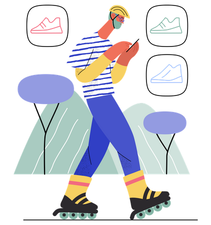 Man doing online shopping while riding skatings  Illustration