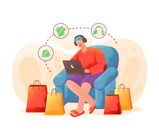 Man doing online shopping while sitting on couch from home  Illustration