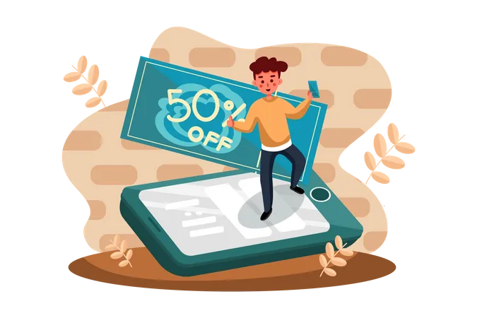 Man doing online shopping with discounted price  Illustration