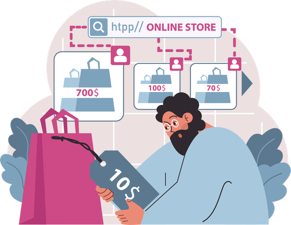 Man doing online store pricing strategies to optimize market positioning  イラスト