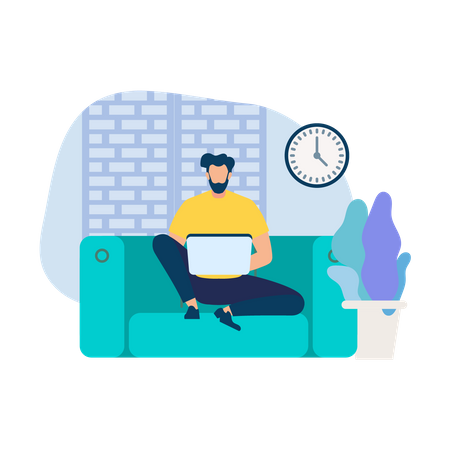 Man doing online work on laptop from home  イラスト