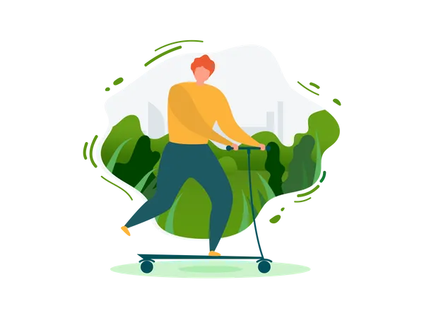 Man doing Outdoor Activities with Eco Transport Use of kick scooter  Illustration